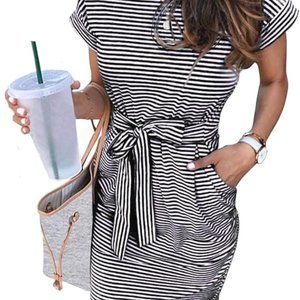 Women's Summer Striped Short Sleeve T Shirt Dress Casual Tie Waist w/ Pockets sm
